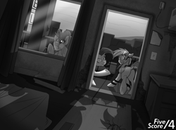 Size: 1380x1020 | Tagged: safe, artist:tf-sential, pinkie pie, rainbow dash, rarity, earth pony, pegasus, pony, unicorn, fanfic:five score divided by four, against glass, dock, embarrassed, fanfic art, frog (hoof), glare, glass, grayscale, headset, monochrome, motel, raised hoof, underhoof, wings