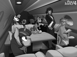 Size: 1380x1020 | Tagged: safe, artist:tf-sential, pinkie pie, rainbow dash, rarity, shining armor, twilight sparkle, oc, oc:penny, earth pony, human, pegasus, pony, unicorn, fanfic:five score divided by four, fanfic art, grayscale, group, interior, levitation, looking up, magic, monochrome, plane, sitting, telekinesis, wings