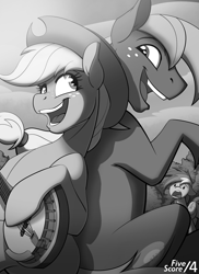 Size: 1520x2090 | Tagged: safe, artist:tf-sential, applejack, big macintosh, rainbow dash, earth pony, pegasus, pony, fanfic:five score divided by four, applejack's hat, back to back, banjo, cowboy hat, d:, duo focus, fanfic art, grayscale, hat, monochrome, musical instrument, open mouth, singing