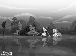 Size: 1380x1020 | Tagged: safe, artist:tf-sential, fluttershy, shining armor, pegasus, pony, unicorn, fanfic:five score divided by four, blanket, clothes, duo, eyes closed, fanfic art, forest, grayscale, kettle, lake, monochrome, pants, prone, scenery, treehouse