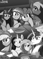 Size: 1520x2090 | Tagged: safe, artist:tf-sential, applejack, big macintosh, fluttershy, pinkie pie, rainbow dash, rarity, shining armor, twilight sparkle, earth pony, pegasus, pony, unicorn, fanfic:five score divided by four, bust, fanfic art, female, food, grayscale, group, grumpy, looking down, male, mare, monochrome, stallion, stare, table, unamused