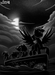Size: 1520x2090 | Tagged: safe, artist:tf-sential, applejack, rainbow dash, rarity, shining armor, earth pony, pegasus, pony, unicorn, fanfic:five score divided by four, boat, cloud, cloudy, crescent moon, fanfic art, grayscale, monochrome, moon, night, raised hoof, silhouette, spread wings, water, wings