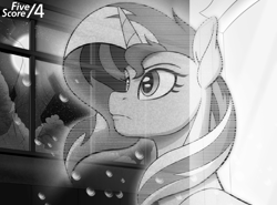 Size: 1380x1020 | Tagged: safe, artist:tf-sential, sunset shimmer, pony, unicorn, fanfic:five score divided by four, fanfic art, grayscale, hologram, monochrome, moon, night, solo, statue, window