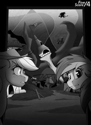 Size: 1520x2090 | Tagged: safe, artist:tf-sential, applejack, rainbow dash, dragon, earth pony, pegasus, pony, fanfic:five score divided by four, applejack's hat, chaos, cowboy hat, discorded landscape, doorway, fanfic art, frown, grayscale, hat, monochrome, ruins