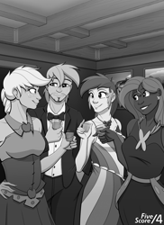 Size: 1380x1898 | Tagged: safe, artist:tf-sential, applejack, big macintosh, fluttershy, rainbow dash, human, fanfic:five score divided by four, alcohol, dress, fanfic art, female, grayscale, group, male, monochrome, tuxedo