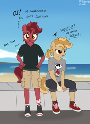 Size: 3181x4391 | Tagged: safe, artist:deserter, artist:tolpain, oc, oc only, oc:peanut toffy, oc:raspberry toffy, anthro, earth pony, pony, collaboration, annoyed, anthro oc, beach, converse, cute, female, filly, fraternal twins, hands on hip, looking at you, outdoors, pun, shoes, siblings, sisters, snoopy, socks (coat marking), twin sisters, twins, visual pun