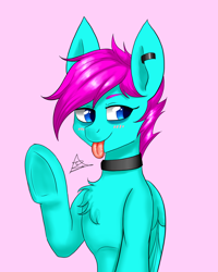 Size: 1600x2000 | Tagged: safe, artist:zachc, derpibooru import, oc, oc only, pegasus, chest fluff, choker, female, piercing, simple background, solo, tongue out, underhoof