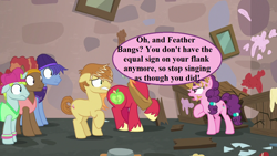 Size: 1280x720 | Tagged: safe, derpibooru import, edit, edited screencap, screencap, big macintosh, feather bangs, sugar belle, hard to say anything, angry, backup dancers, baseball cap, broken, cap, floppy ears, glamor trot, hat, horse collar, mess, our town, smooth vibes, speech, speech bubble, stereo mix, talking