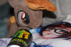 Size: 5184x3456 | Tagged: safe, derpibooru import, button mash, body pillow, energy drink, mei, overwatch, plushie, solo