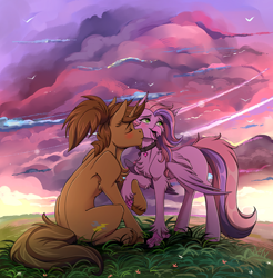 Size: 2358x2397 | Tagged: safe, artist:1an1, derpibooru import, oc, oc only, hippogriff, pony, unicorn, hippogriff oc, kiss on the cheek, kissing