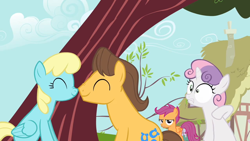 Size: 1280x720 | Tagged: safe, derpibooru import, screencap, caramel, sassaflash, scootaloo, sweetie belle, earth pony, pegasus, pony, unicorn, hearts and hooves day (episode), boop, boyfriend and girlfriend, eyes closed, nose to nose, noseboop, ponyville, raised hoof, scootaloo is not amused, shocked expression, unamused