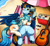 Size: 3030x2800 | Tagged: safe, artist:pridark, derpibooru import, oc, oc only, oc:seascape, oc:skysail, hippogriff, pegasus, pony, acoustic guitar, beach, beach towel, beach umbrella, beverage, commission, cooler, eyes closed, guitar, high res, hippogriff oc, multicolored hair, musical instrument, ocean, one eye closed, relaxing, sand, smiling, summer, sunscreen, unshorn fetlocks