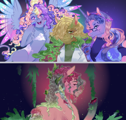 Size: 1200x1144 | Tagged: safe, artist:bunnari, artist:screwballthepirate, derpibooru import, oc, oc only, oc:hullaballoo, oc:ivy evergreen, oc:midnight mirror, oc:terrarium terminology, pony, female, magical gay spawn, magical lesbian spawn, male, mare, offspring, parent:derpy hooves, parent:gloriosa daisy, parent:mud briar, parent:pinkie pie, parent:quibble pants, parent:sci-twi, parent:tree hugger, stallion