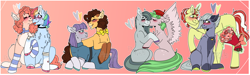 Size: 5292x1584 | Tagged: safe, artist:plagued-arts, derpibooru import, cheese sandwich, flim, limestone pie, marble pie, maud pie, pinkie pie, rainbow dash, watermelody, earth pony, pegasus, pony, unicorn, blushing, bouquet, bow, bowtie, chest fluff, choker, clothes, equestria girls ponified, female, flimstone, flower, glasses, gradient background, heart, jewelry, kiss on the cheek, kissing, lesbian, male, marblemelody, maudwich, necklace, pie sisters, pinkiedash, ponified, shipping, siblings, sisters, socks, straight, striped socks, tongue out