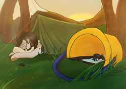 Size: 7016x4961 | Tagged: safe, artist:tenenbris, derpibooru import, oc, oc:inkenel, oc:oretha, pony, bucket, cocktail, giant pony, grass, grass field, macro, micro, mountain, rock, size difference, sleeping, sleeping bag, sun, tent, tree