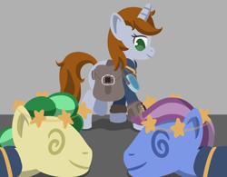 Size: 1920x1500 | Tagged: safe, artist:toshimatsu, derpibooru exclusive, derpibooru import, oc, oc only, oc:littlepip, earth pony, pony, unicorn, fallout equestria, bag, canteen, clothes, fanfic, fanfic art, female, hooves, horn, knocked out, male, mare, pipbuck, saddle bag, simple background, stallion, swirly eyes, unconscious, vault suit, walking