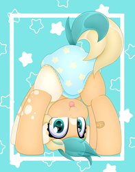 Size: 3154x4000 | Tagged: safe, artist:partylikeanartist, derpibooru import, oc, oc:sun light, earth pony, pony, :p, abdl, abstract background, absurd resolution, anime eyes, bandage, bandaid, coat markings, diaper, diaper fetish, eye clipping through hair, eyebrows, eyebrows visible through hair, female, fetish, filly, looking at you, looking between legs, silly, silly face, silly pony, simple background, solo, tongue out, upside down