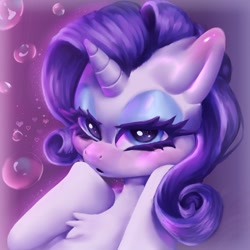 Size: 1280x1280 | Tagged: safe, artist:...macabre..., artist:1alberich1, derpibooru import, rarity, pony, unicorn, blushing, bubble, digital painting, ear blush, female, makeup, solo