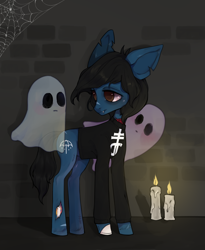 Size: 2320x2824 | Tagged: safe, artist:sweaty_peach, derpibooru import, earth pony, ghost, pony, undead, zombie, zombie pony, bone, bricks, bring me the horizon, candle, colored pupils, commission, fangs, glasgow smile, long sleeves, male, messy mane, oliver sykes, scar, solo, spider web, stallion, stitches, tattoo, torn ear, ych result