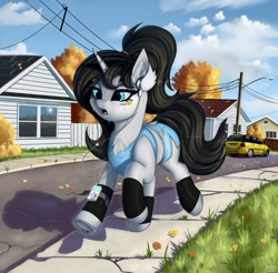 Size: 3000x2948 | Tagged: safe, artist:lightly-san, derpibooru import, oc, oc only, oc:leesys, pony, unicorn, autumn, car, clothes, commission, ear fluff, female, frog (hoof), headphones, mare, mp3 player, power line, running, socks, solo, underhoof