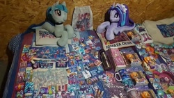 Size: 960x540 | Tagged: safe, derpibooru import, adagio dazzle, aria blaze, sonata dusk, coffee mug, collection, irl, item, photo, pillow, plushie, toy