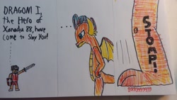 Size: 2048x1152 | Tagged: safe, artist:derek the metagamer, derpibooru import, smolder, dragon, human, comic, marker, micro, quality, rpg, shield, smolder is not amused, stomp, sword, traditional art, unamused, weapon, xanadu