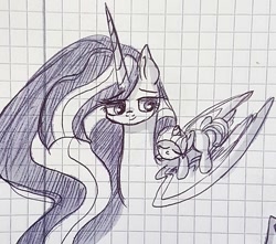 Size: 923x817 | Tagged: safe, artist:galaxy.in.mind, derpibooru import, princess twilight 2.0, twilight sparkle, twilight sparkle (alicorn), oc, oc only, oc:velvet sparkle, alicorn, pony, unicorn, the last problem, duo, eyes closed, female, graph paper, horn, magical lesbian spawn, mare, mother and child, mother and daughter, offspring, parent and child, parent:tempest shadow, parent:twilight sparkle, parents:tempestlight, ponies riding ponies, riding, sleeping, traditional art, unicorn oc