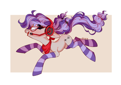 Size: 4093x2894 | Tagged: safe, artist:shore2020, derpibooru import, oc, oc only, oc:cinnabyte, earth pony, pony, bandana, clothes, female, gaming headset, glasses, headphones, headset, mare, microphone, open mouth, open smile, profile, running, side view, smiling, socks, solo, striped socks, twintails