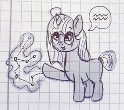 Size: 1049x929 | Tagged: safe, artist:galaxy.in.mind, derpibooru import, oc, oc only, oc:velvet sparkle, pony, constellation, female, filly, glowing horn, graph paper, horn, looking up, magic, magical lesbian spawn, offspring, parent:tempest shadow, parent:twilight sparkle, parents:tempestlight, raised hoof, smiling, solo, telekinesis, traditional art