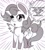 Size: 1280x1412 | Tagged: safe, artist:rainbowtashie, derpibooru import, carrot top, derpy hooves, golden harvest, oc, oc:clumsy carrot, earth pony, pegasus, pony, adorable face, anime style, black and white, chibi, commissioner:bigonionbean, cute, cutie mark, dialogue, female, fusion, fusion:clumsy carrot, grayscale, mare, monochrome, writer:bigonionbean