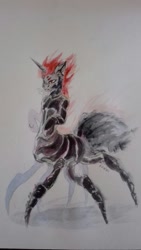 Size: 607x1080 | Tagged: safe, artist:kiwwsplash, derpibooru import, oc, oc only, monster pony, original species, spiderpony, horn, solo, traditional art