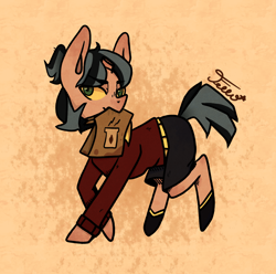 Size: 1860x1845 | Tagged: safe, artist:starfello, derpibooru import, oc, oc only, pony, unicorn, broken horn, clothes, horn, mouth hold, paper bag, shorts, signature, solo, unicorn oc