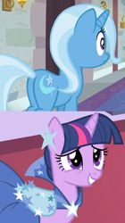 Size: 500x892 | Tagged: safe, derpibooru import, trixie, twilight sparkle, a horse shoe-in, the best night ever, butt, eyes on the prize, female, lesbian, shipping, shipping domino, the great and powerful ass, twixie