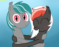 Size: 3816x3016 | Tagged: safe, artist:rainbowšpekgs, derpibooru import, oc, oc only, oc:amaryllis, oc:malachite cluster, bat pony, pony, bat pony oc, bat wings, blushing, bust, cute, eyes closed, female, happy, hug, simple background, smiling, wings