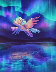 Size: 1461x1868 | Tagged: safe, artist:dearmary, derpibooru import, oc, oc only, oc:summer ray, pegasus, pony, aurora borealis, eyes closed, featured image, female, flying, mare, night, reflection, smiling, solo, spread wings, wings