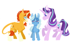 Size: 1280x887 | Tagged: safe, artist:vio-creayta, derpibooru import, starlight glimmer, sunburst, trixie, pony, unicorn, ot3, simple background, transparent background