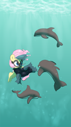 Size: 2375x4205 | Tagged: safe, artist:vultraz, derpibooru import, part of a set, fluttershy, dolphin, pegasus, pony, /mlp/, diving, diving goggles, drawthread, flippers, rebreather, requested art, scuba, scuba diving, scuba gear, solo, swimming, underwater, watershy, wetsuit
