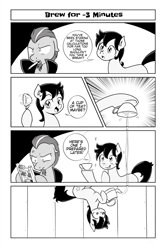 Size: 2107x3160 | Tagged: safe, artist:anonymous, derpibooru import, seven seas, star dancer, pony, my little pony: the manga, /mlp/, abacus, black and white, cup, cute, dialogue, food, grayscale, manga style, monochrome, professor what, style emulation, tea, teacup, time travel