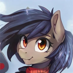 Size: 1024x1024 | Tagged: safe, artist:thisponydoesnotexist, derpibooru import, oc, earth pony, clothes, female, golden eyes, happy, looking at you, mare, messy mane, neural network, smiling, smiling at you, sweater