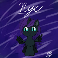 Size: 1920x1920 | Tagged: artist needed, safe, derpibooru import, oc, oc:nyx, alicorn, fanfic:past sins, blue eyes, cute, female, filly, nightmare eyes, smiley face, solo, spread wings
