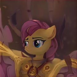 Size: 1024x1024 | Tagged: safe, artist:thisponydoesnotexist, derpibooru import, oc, earth pony, armor, female, mare, neural network, not babs seed, not scootaloo, smiling