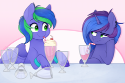 Size: 2800x1843 | Tagged: safe, artist:higglytownhero, derpibooru import, oc, oc only, oc:blue monday, oc:felicity stars, pegasus, pony, unicorn, cherry, cup, drinking, duo, duo female, ear piercing, earring, female, food, hoof on cheek, horn, jewelry, milkshake, pegasus oc, piercing, siblings, sipping, sisters, smiling, straw, unicorn oc, unshorn fetlocks, wings