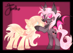 Size: 950x700 | Tagged: safe, artist:junko, derpibooru import, oc, oc only, oc:peony fields, oc:primrose blossombat, bat pony, pegasus, pony, unicorn, chest fluff, digital art, ear piercing, eyelashes, female, folded wings, holding head, lesbian, mare, oc x oc, piercing, pink background, shipping, signature, simple background, smiling, spread wings, unshorn fetlocks, wings