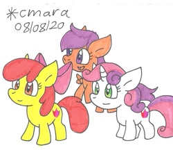 Size: 1003x866 | Tagged: safe, artist:cmara, derpibooru import, apple bloom, scootaloo, sweetie belle, earth pony, pegasus, pony, unicorn, apple bloom's bow, bow, cutie mark crusaders, hair bow, open mouth, simple background, traditional art, white background