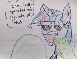 Size: 1125x861 | Tagged: safe, anonymous artist, derpibooru import, twilight sparkle, unicorn twilight, oc, oc:anon, human, unicorn, /mlp/, 4chan, collar, crayon drawing, dad joke, drawthread, funny, gift horse, haha funny, open mouth, pun, requested art, silly, silly anon, traditional art, twilight snakle, visual pun