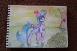 Size: 3000x2000 | Tagged: safe, artist:hunterbookie, derpibooru import, flitter, pegasus, pony, female, folded wings, grass, mare, raised hoof, sky, smiling, solo, standing, sun, sunshine, traditional art, tree, wings