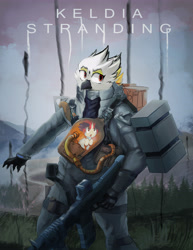 Size: 5100x6600 | Tagged: safe, artist:fiyawerks, derpibooru import, oc, oc:fénix, oc:keldia, anthro, griffon, pony, baby, baby pony, crossover, cute, death stranding, gun, poster, video game, weapon, weird, wtf