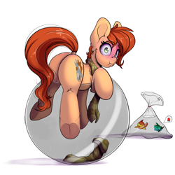 Size: 3000x3000 | Tagged: safe, artist:skitsroom, derpibooru import, oc, oc:rusty gears, earth pony, fish, pony, blushing, butt, fish bowl, high res, looking at you, male, plot, stuck, surprised, tricked