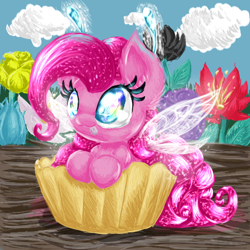 Size: 512x512 | Tagged: safe, artist:dragolina01, derpibooru import, pinkie pie, earth pony, pony, butterfly wings, cloud, cupcake, eyelashes, female, flower, food, mare, micro, smiling, solo, wings