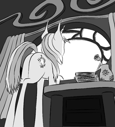 Size: 735x808 | Tagged: safe, artist:gyl367, derpibooru import, edit, twilight sparkle, unicorn twilight, pony, unicorn, book, female, flower, looking out the window, mare, monochrome, rose, solo, sunset shimmer's cutie mark, vase, window